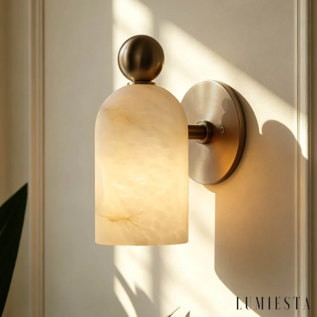 Pitigliano - alabaster wall light with spherical finial - full view