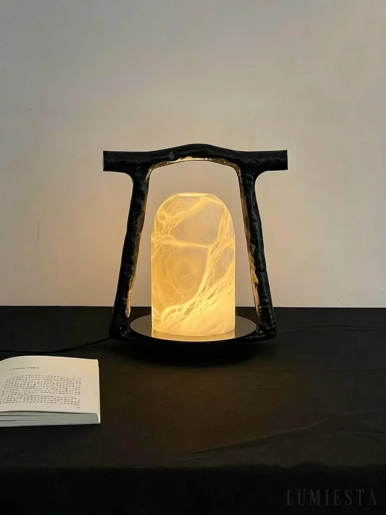 Sorano - lantern-shaped alabaster table lamp - black and white finish