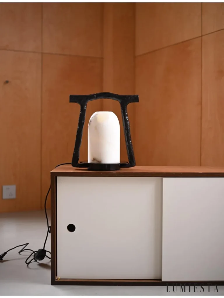 Sorano - lantern-shaped alabaster table lamp - with the light switched on