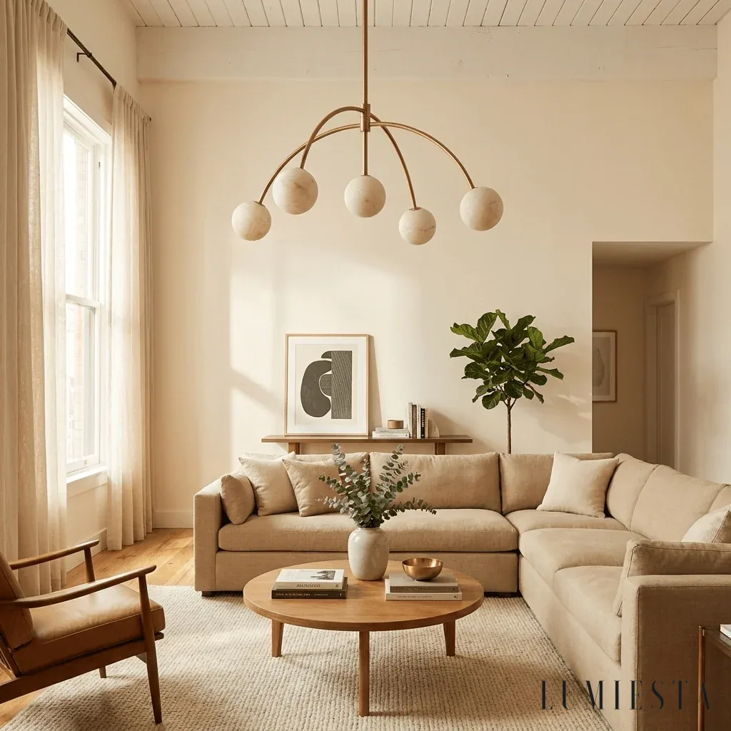 Segovia - alabaster chandelier with globes on curved arms - shade and base detail