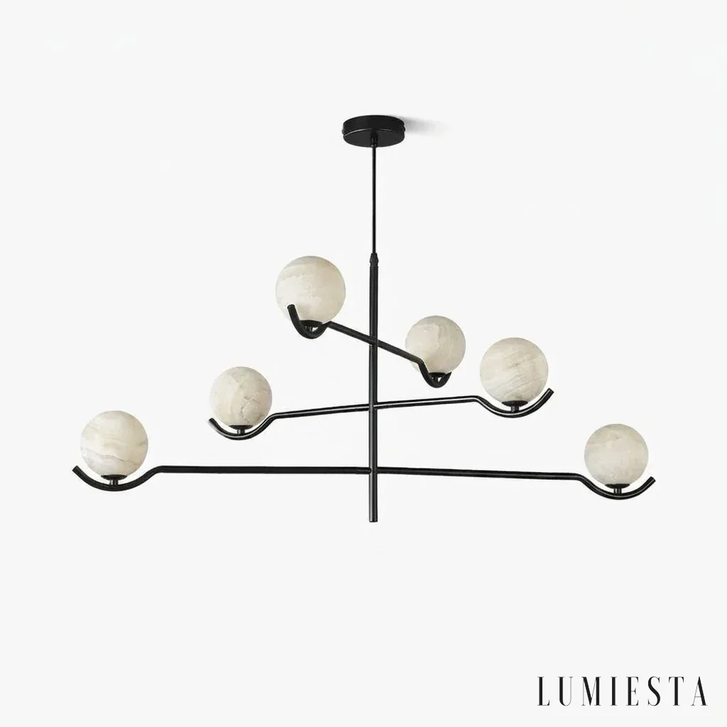 Getxo - chandelier with alabaster globes on tiered arms - front view