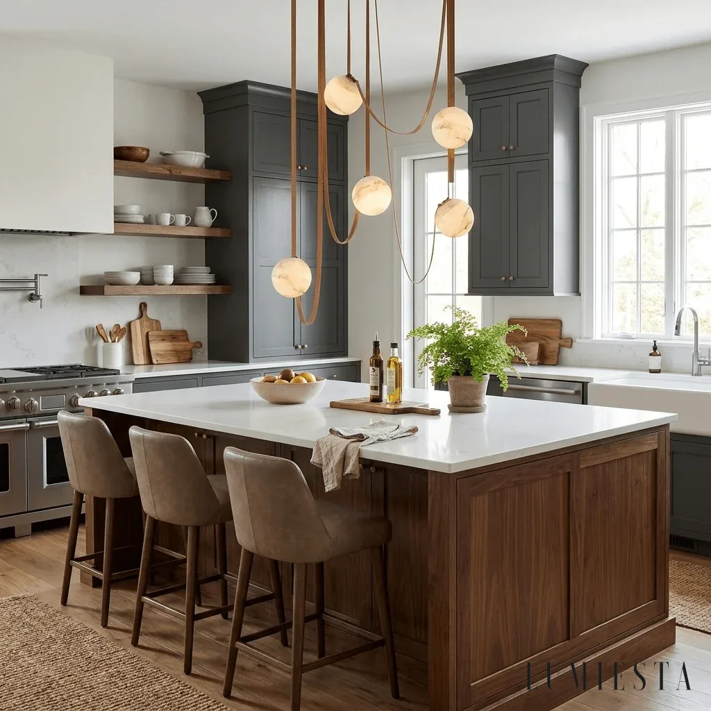 Baiona - alabaster pendant light Ø 203 cm - brown finish (leather straps)