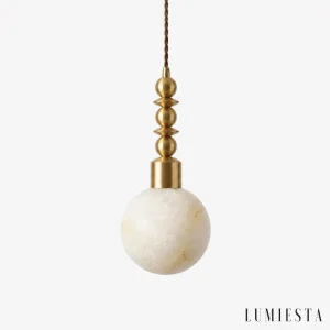 Pedraza - pendant light with an alabaster sphere and metal beads - front view