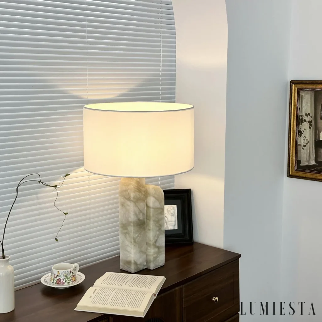 Carmona - alabaster table lamp with asymmetrical base - green and beige finish