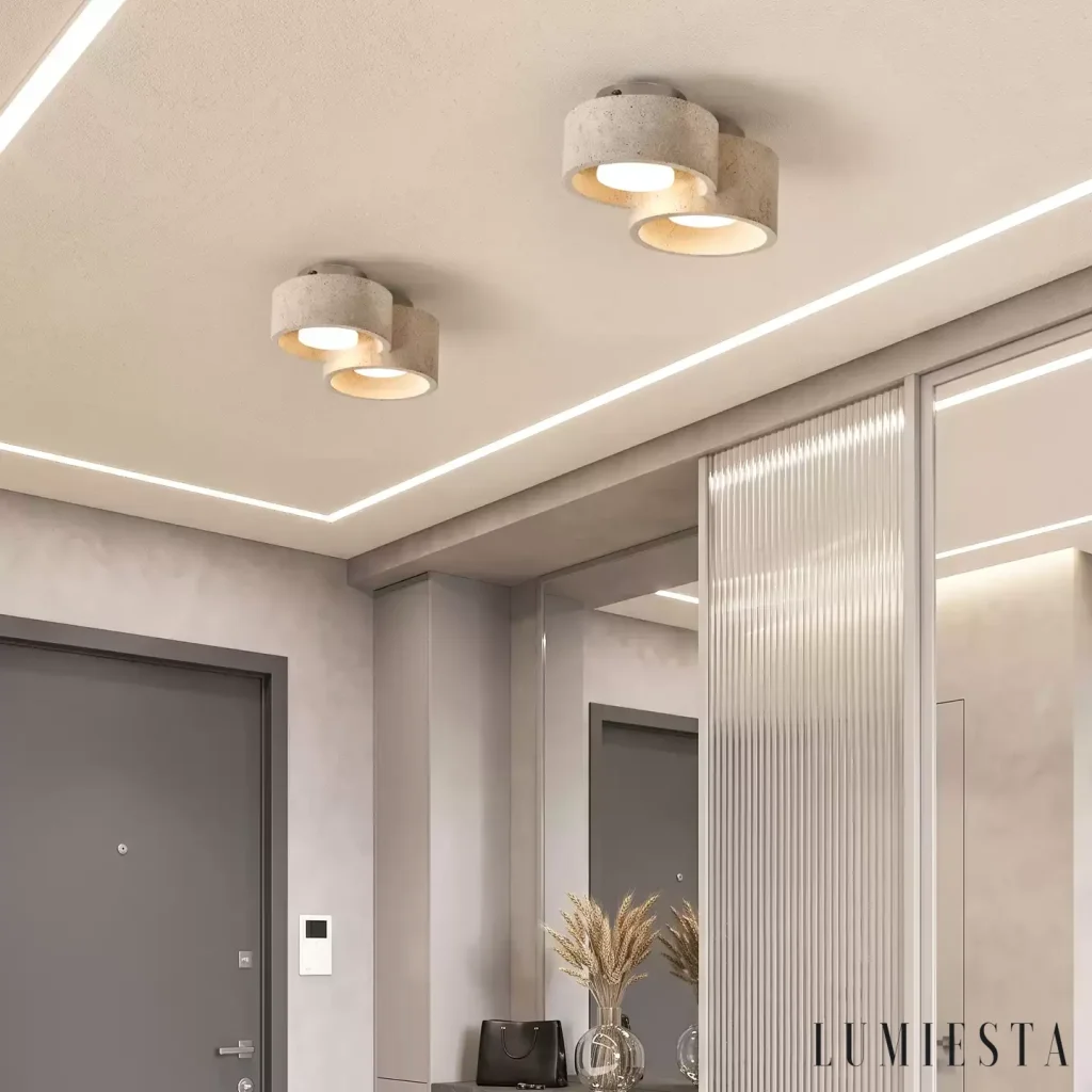 Orvieto - travertine ceiling light with cylindrical shades - side view