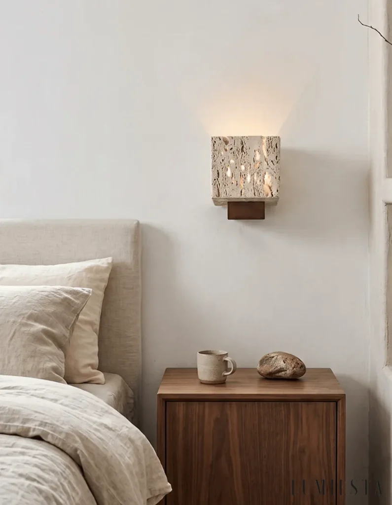 Gubbio - travertine wall light width 14.5 cm - shade and base detail