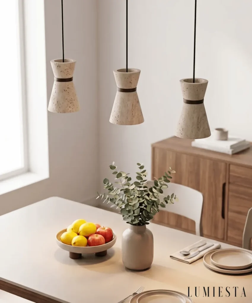 Narni - hourglass-shaped travertine pendant light with a wooden ring - material detail - travertine