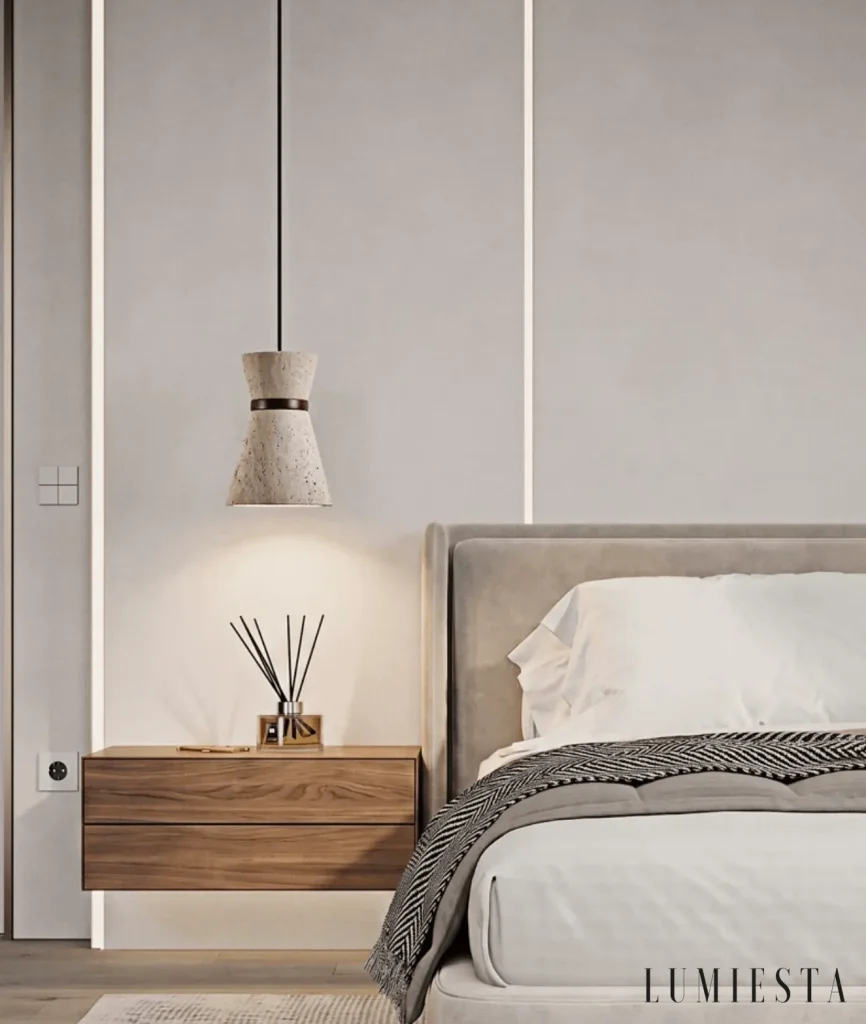Narni - hourglass-shaped travertine pendant light with a wooden ring - beige travertine finish