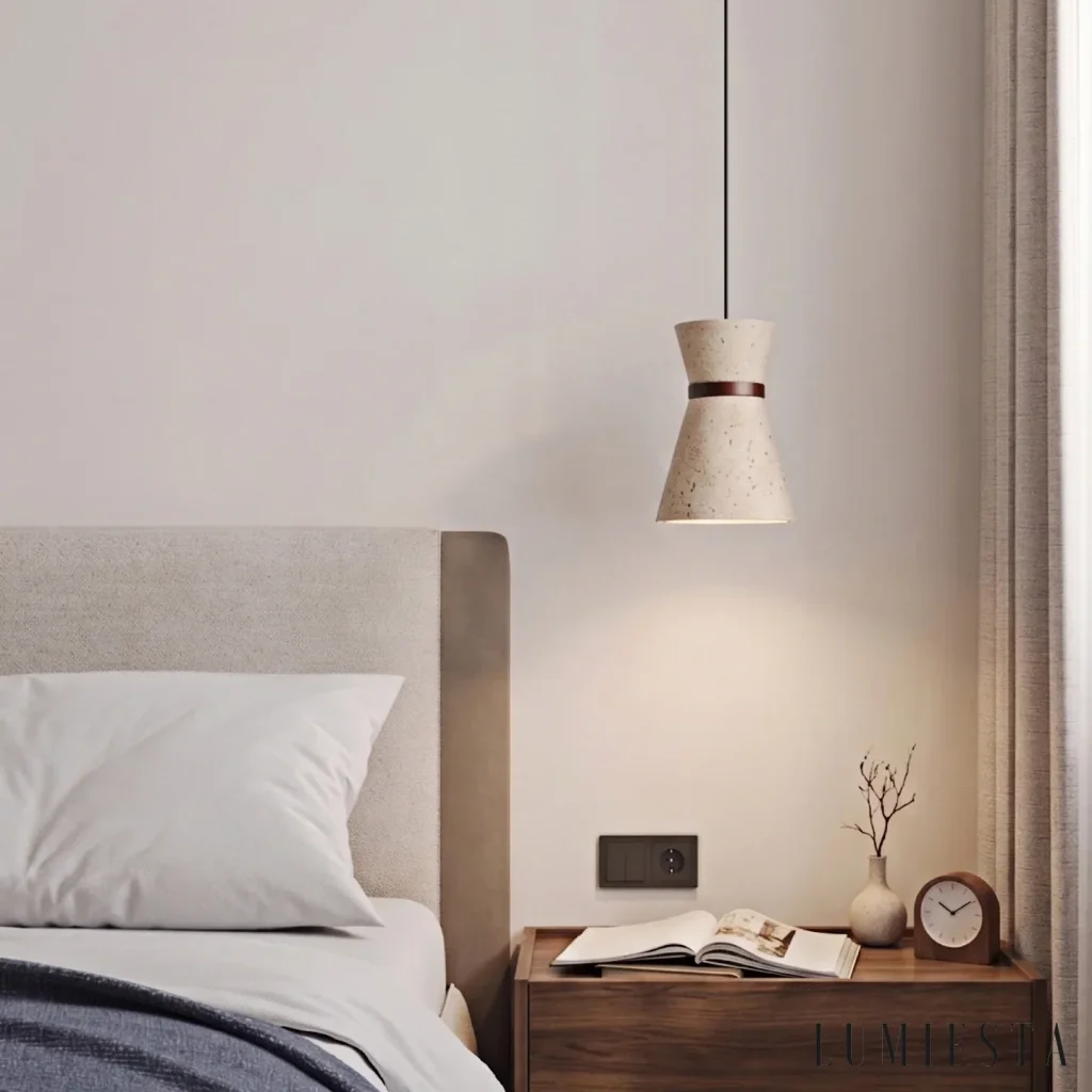 Narni - hourglass-shaped travertine pendant light with a wooden ring - side view