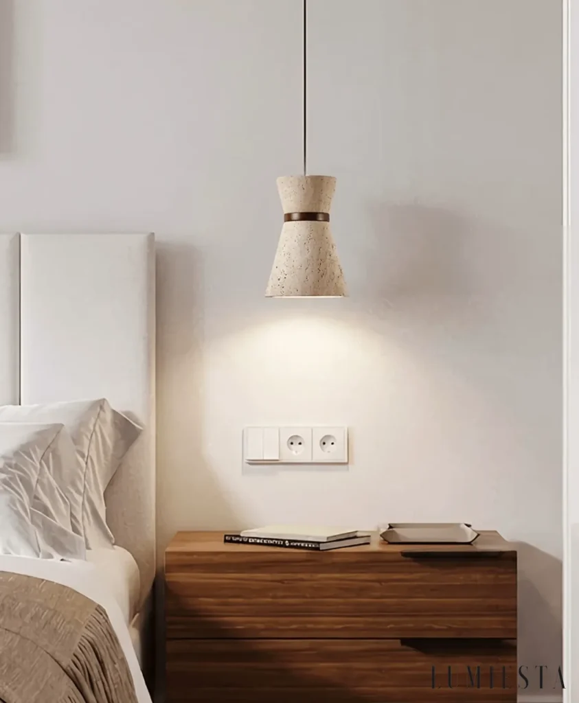 Narni - hourglass-shaped travertine pendant light with a wooden ring - shade and base detail