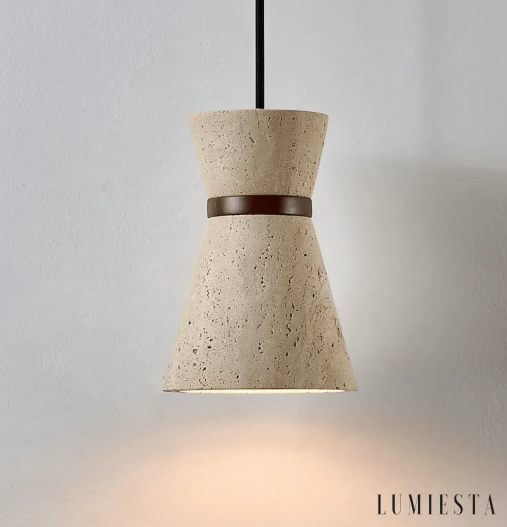 Narni - hourglass-shaped travertine pendant light with a wooden ring - with the light switched on