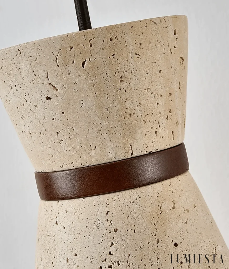 Narni - hourglass-shaped travertine pendant light with a wooden ring - mounting detail