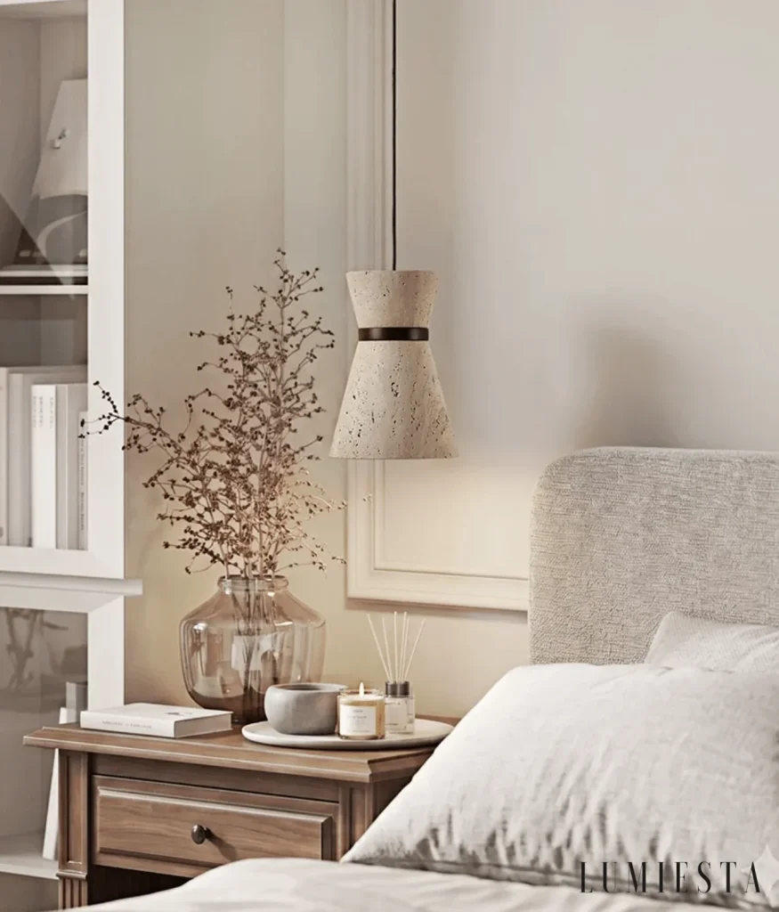 Narni - hourglass-shaped travertine pendant light with a wooden ring - in daylight