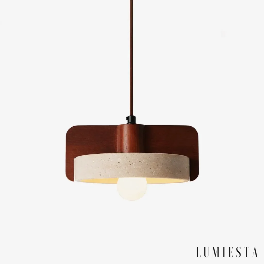 Tuscania - travertine pendant light with wooden wings - front view