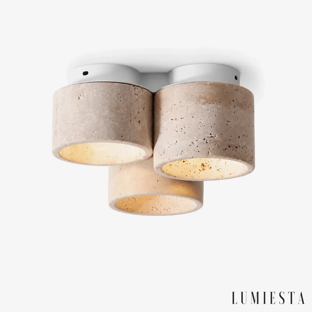 Trevi - travertine ceiling light with three cylindrical shades - front view