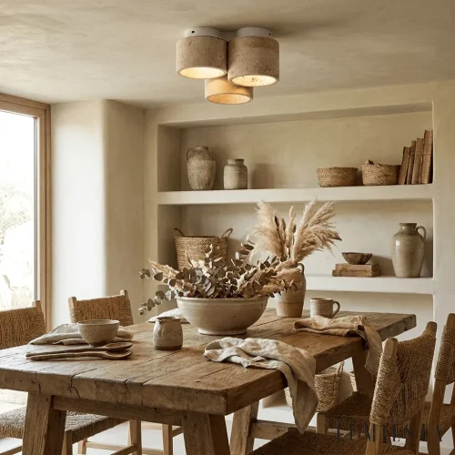 Trevi - travertine ceiling light with three cylindrical shades - material detail - travertine