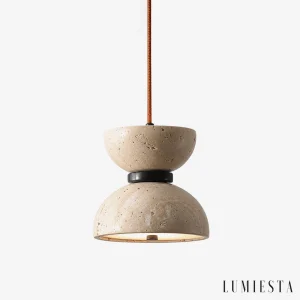 Bevagna - hourglass-shaped travertine pendant light - front view
