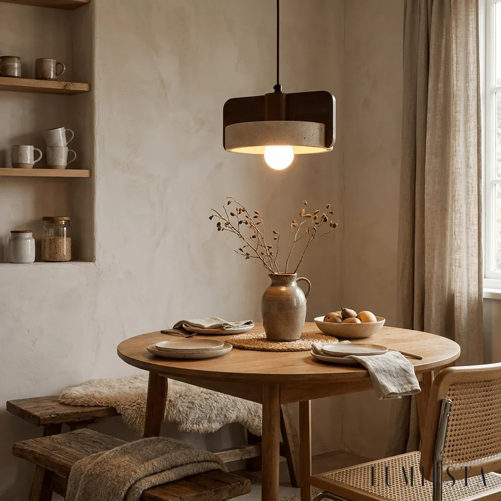 Tuscania - lampa wisząca trawertynowa z drewnianymi skrzydłami - detal klosza i podstawy