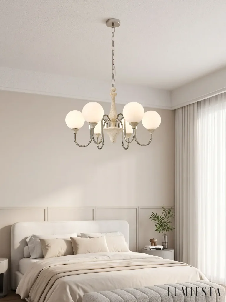 Viterbo - travertine chandelier with glass globes on curved arms