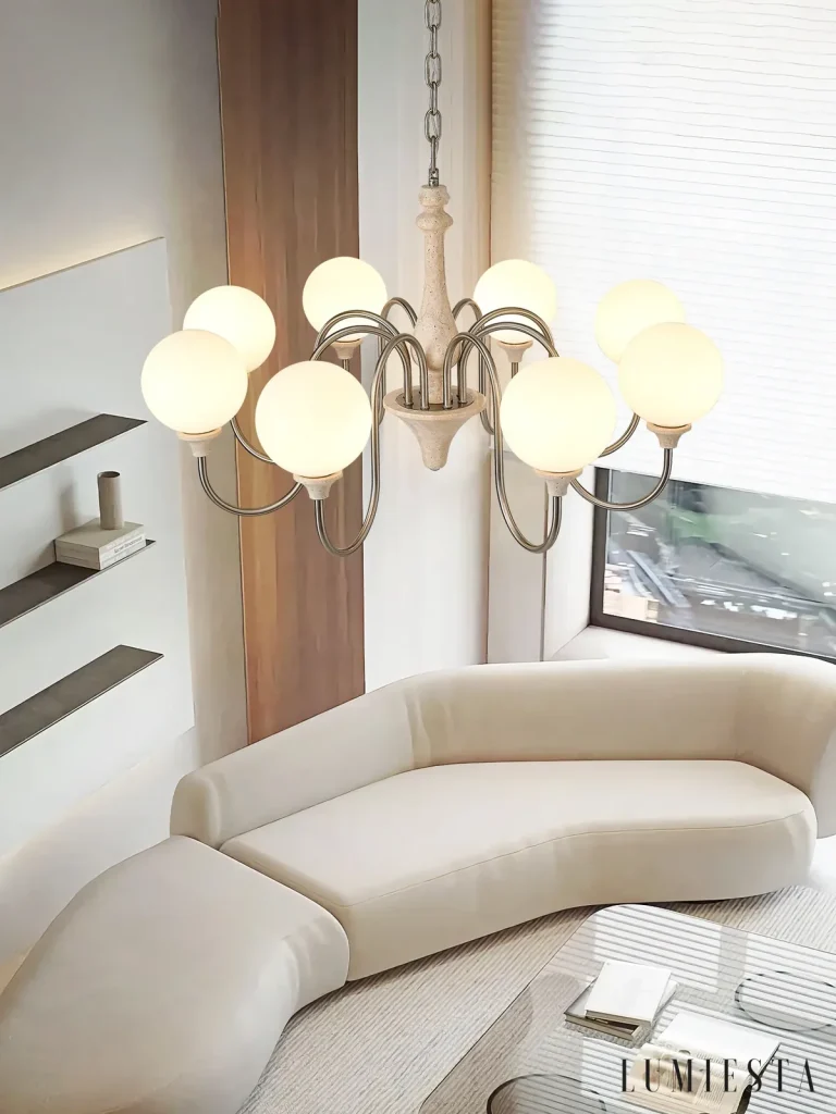 Viterbo - travertine chandelier with glass globes on curved arms