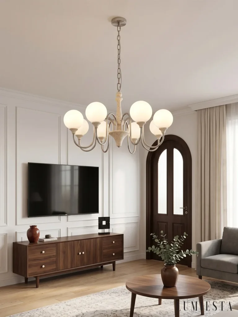 Viterbo - travertine chandelier with glass globes on curved arms
