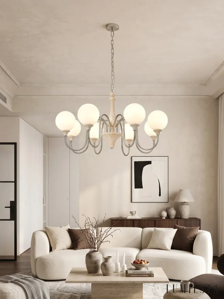 Viterbo - travertine chandelier with glass globes on curved arms