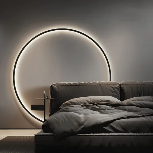 Kinkiet LED okrągły czarny 80cm — pierścień ze świecącą krawędzią nad łóżkiem w sypialni
