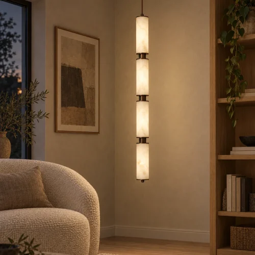 Almagro - zapalona lampa wisząca w narożniku salonu przy fotelu, wizualizacja AI