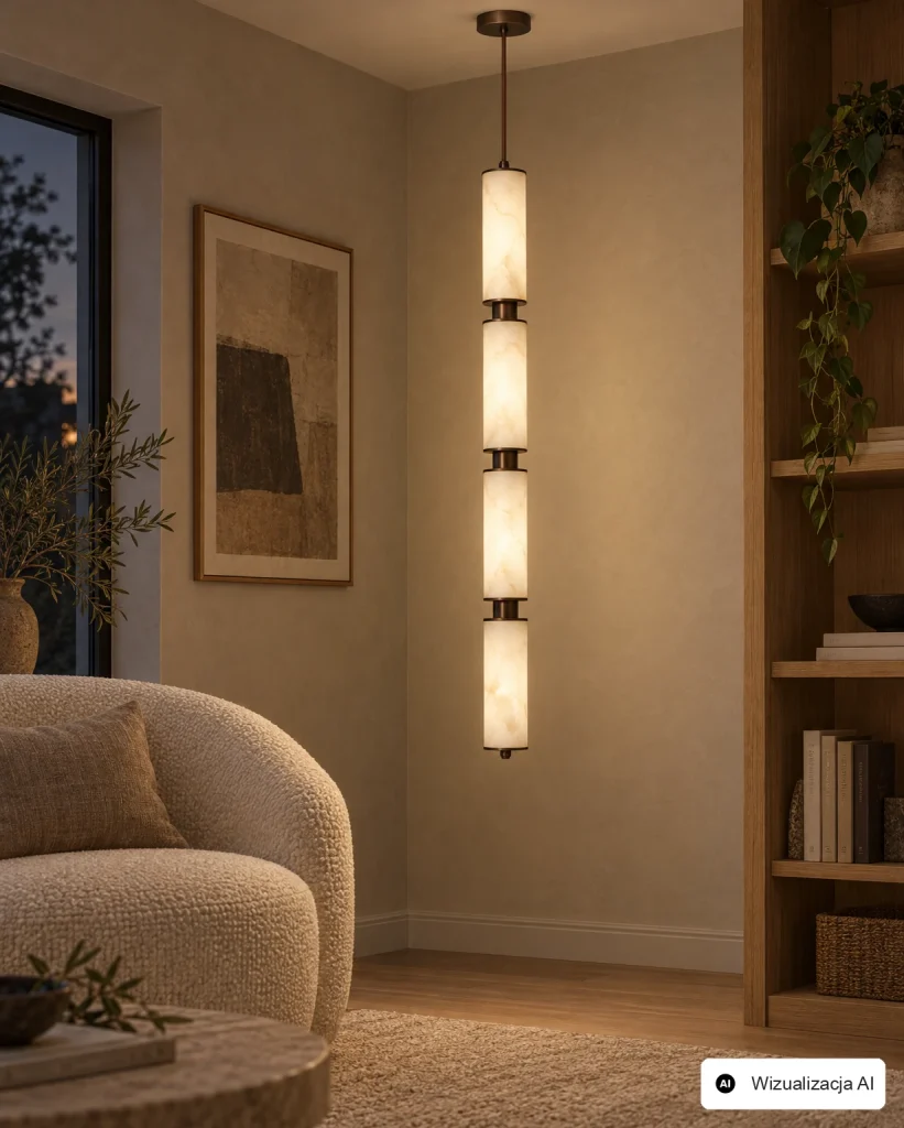 Almagro - zapalona lampa wisząca w narożniku salonu przy fotelu, wizualizacja AI