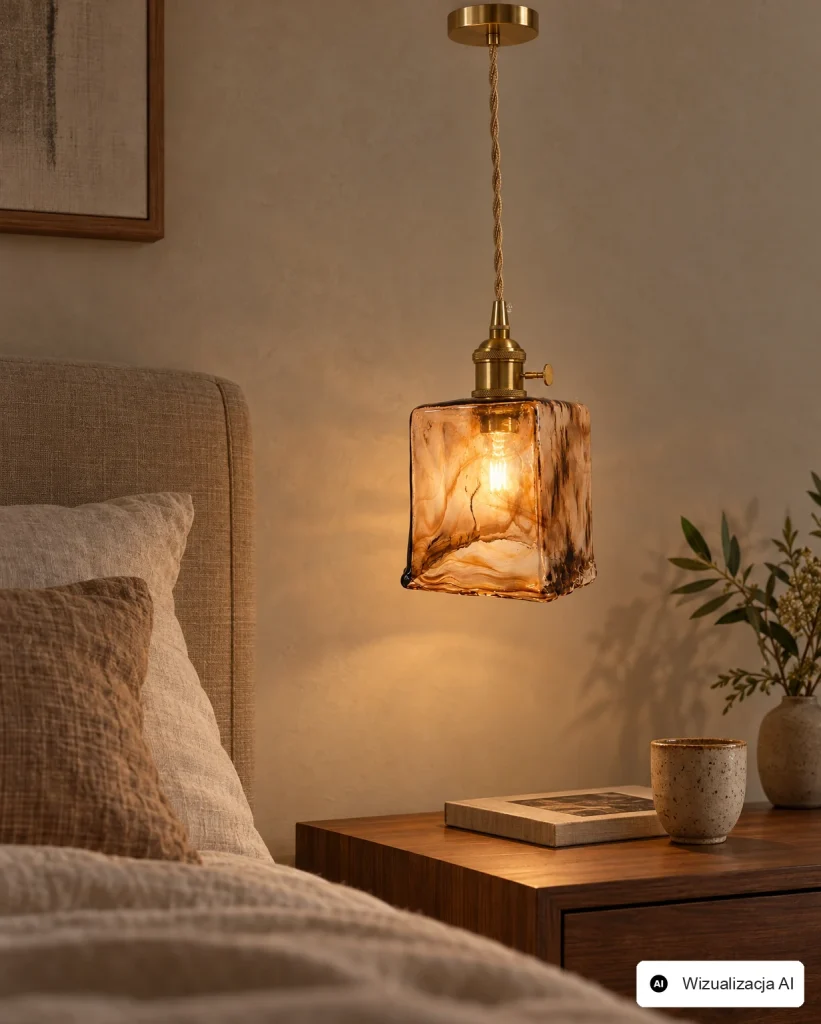 Altare - zapalona lampa wisząca przy łóżku, wizualizacja AI
