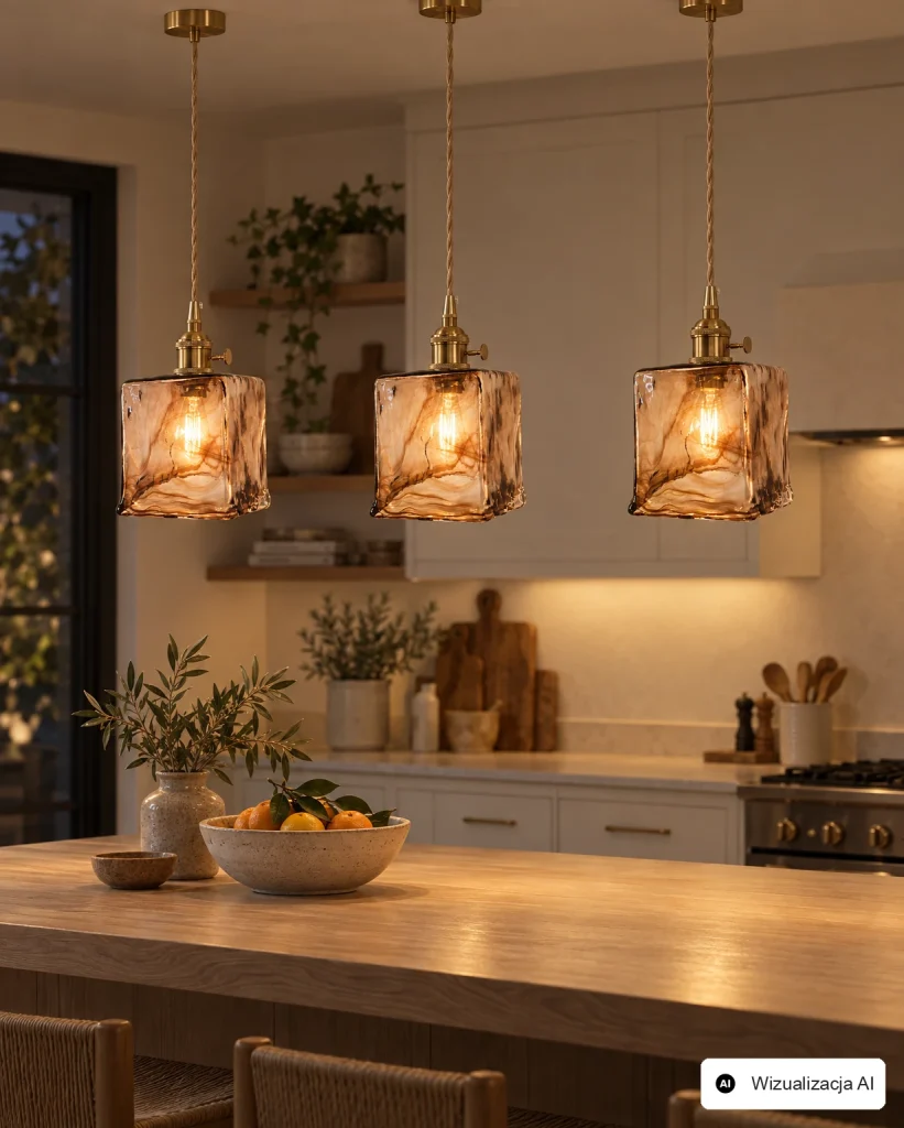 Altare - trzy lampy wiszące nad wyspą kuchenną, wizualizacja AI