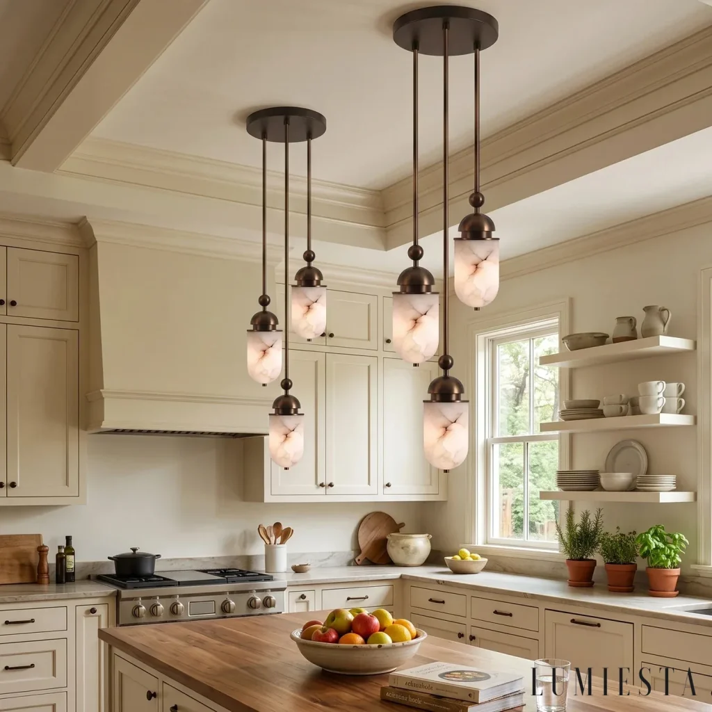 Castellina - lampa wisząca alabastrowa wielopunktowa - przy włączonym świetle