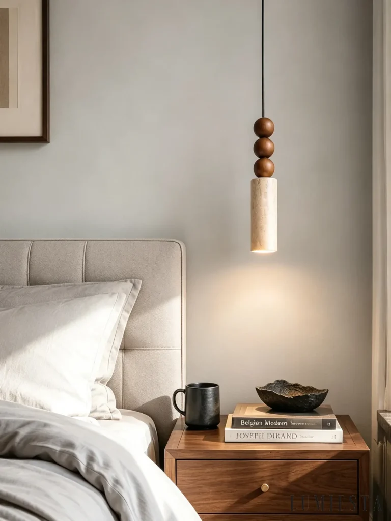 Ninfa - lampa wisząca trawertynowa z drewnem, wielopunktowa - w aranżacji wnętrza