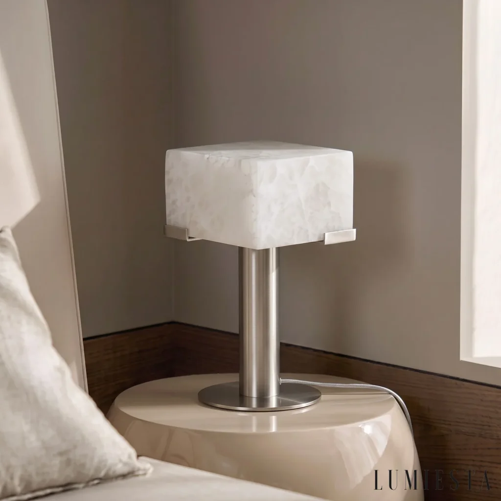 Pescia - alabaster table lamp with square shade Ø 38 cm - in an interior setting