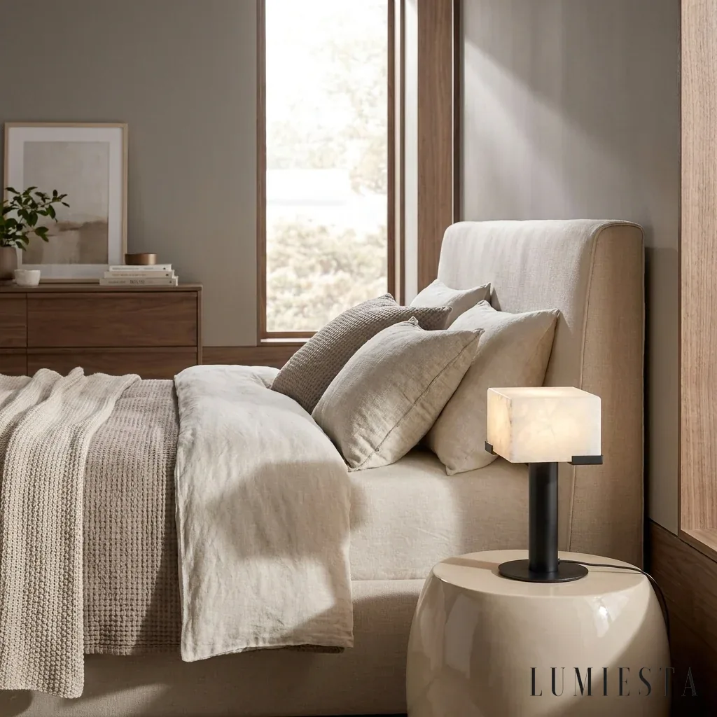 Pescia - alabaster table lamp with square shade Ø 38 cm - detail of the shade and base