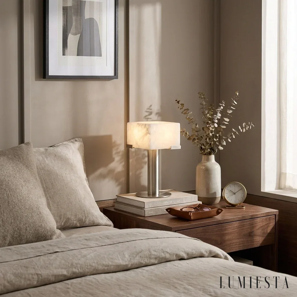 Pescia - alabaster table lamp with square shade Ø 38 cm - side view