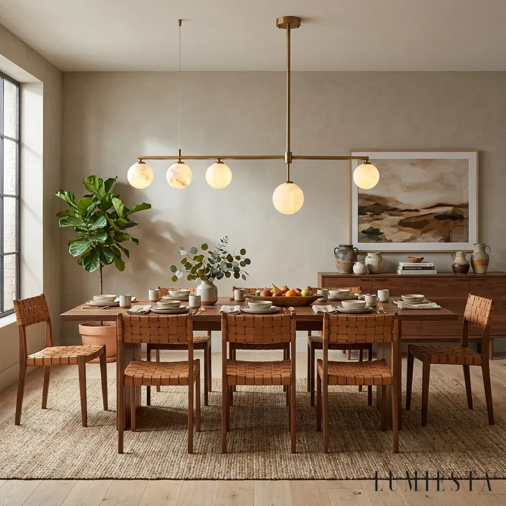 Talamone - linear alabaster chandelier with 5 spheres, 115 cm - nickel finish