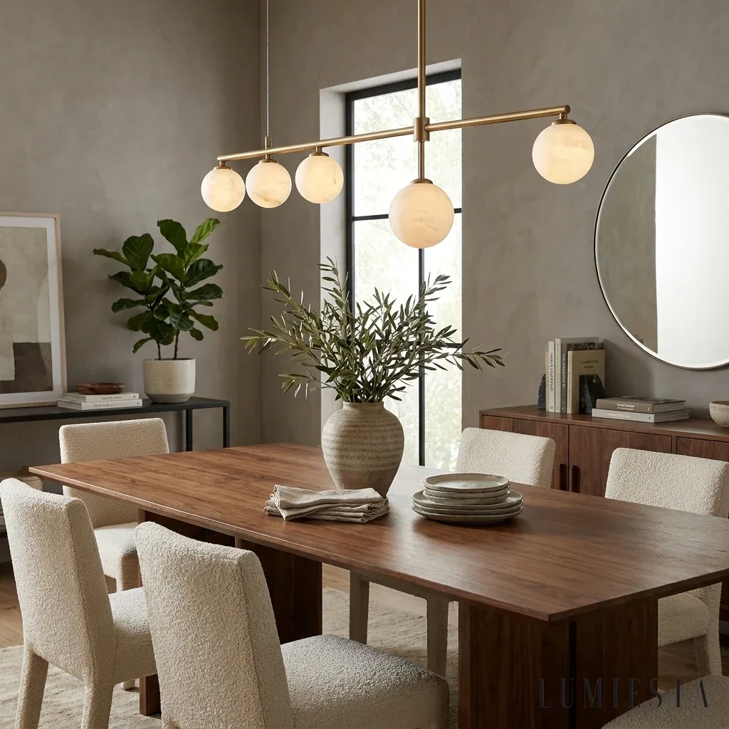Talamone - linear alabaster chandelier with 5 spheres, 115 cm - detail of the shade and base