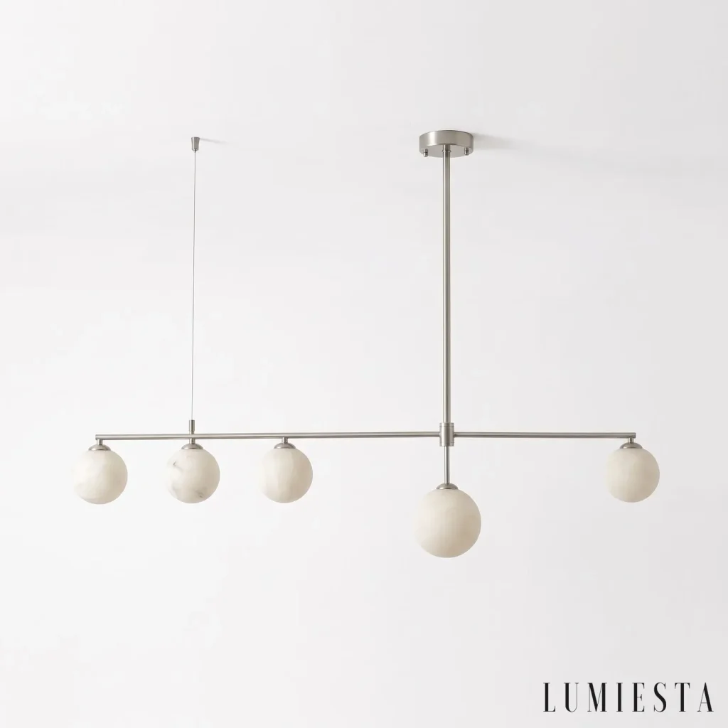 Talamone - linear alabaster chandelier with 5 spheres, 115 cm - side view