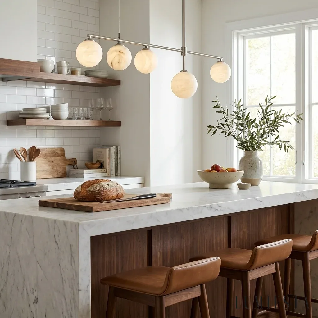 Talamone - linear alabaster chandelier with 5 spheres, 115 cm - with the light switched on