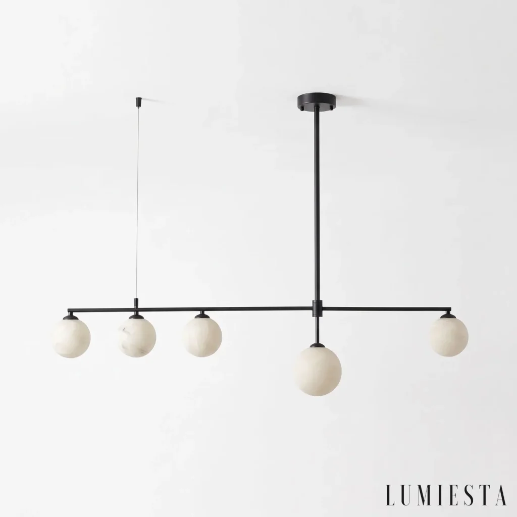 Talamone - alabaster linear chandelier with 5 globes, 115 cm - in daylight