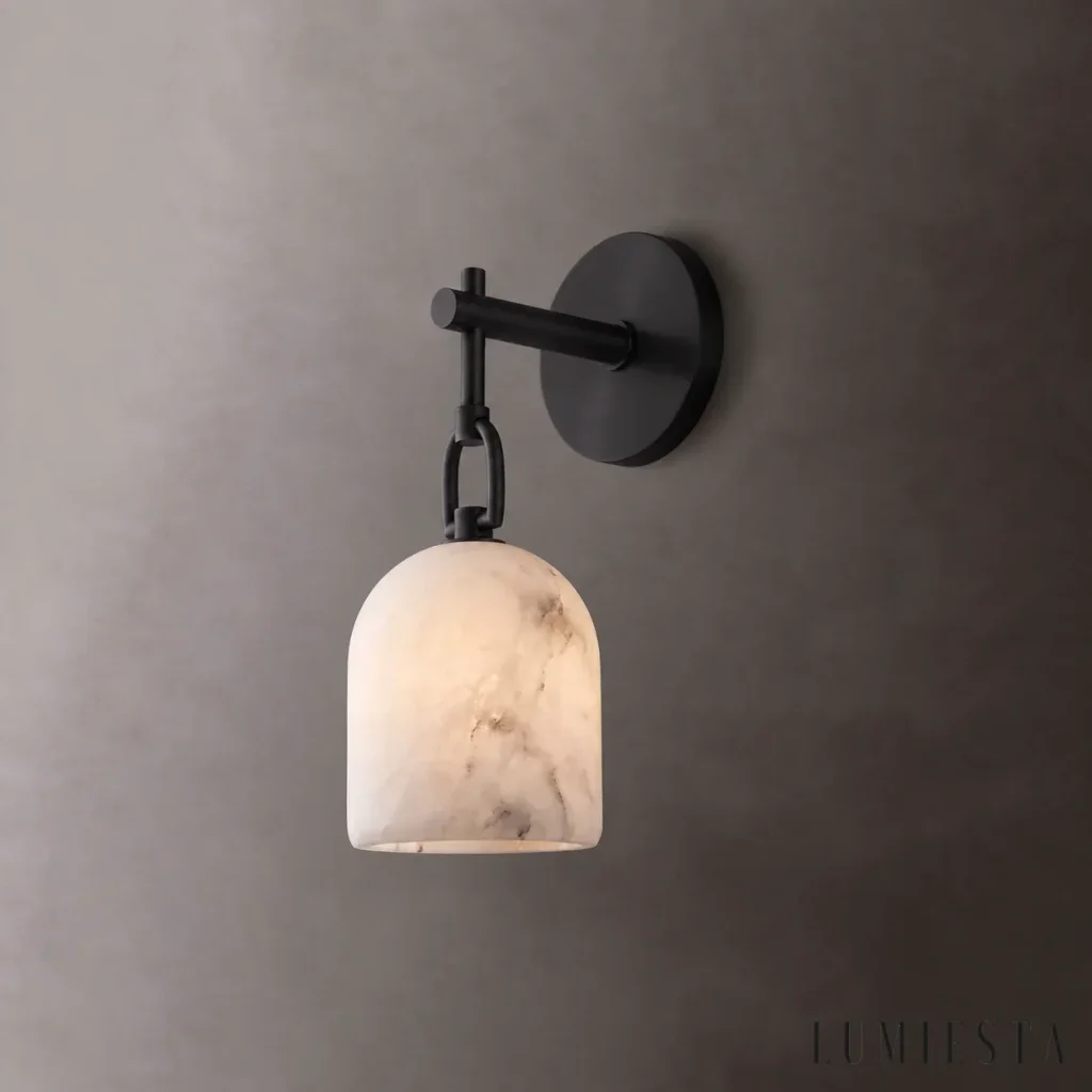 Piombino - alabaster wall light with a bell shade on a copper arm - brushed copper finish