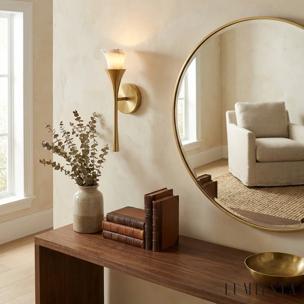 Lucena - alabaster wall light with copper, height 41 cm - full view