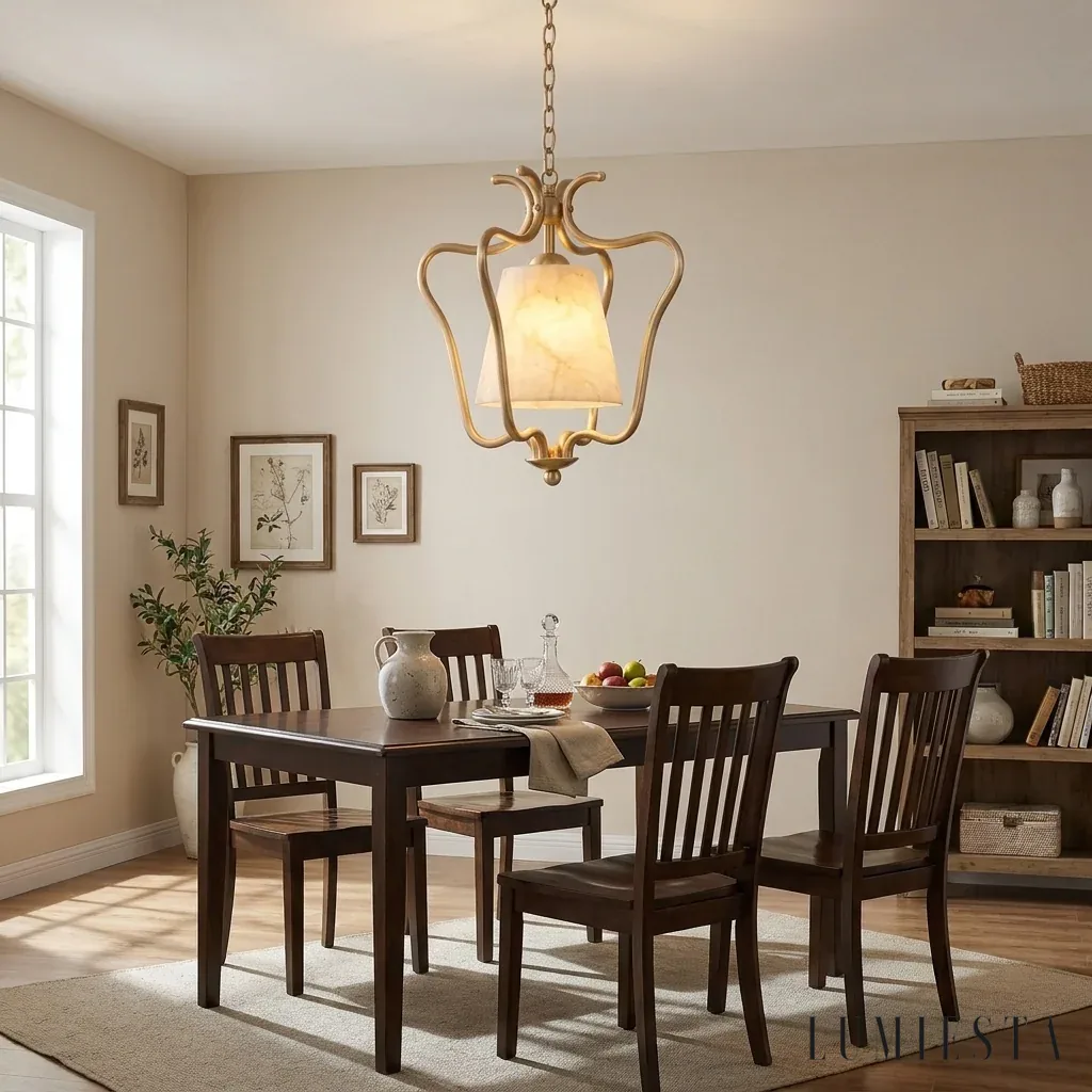 Valderrobres - alabaster pendant lantern lamp with copper H 35 cm - in an interior setting