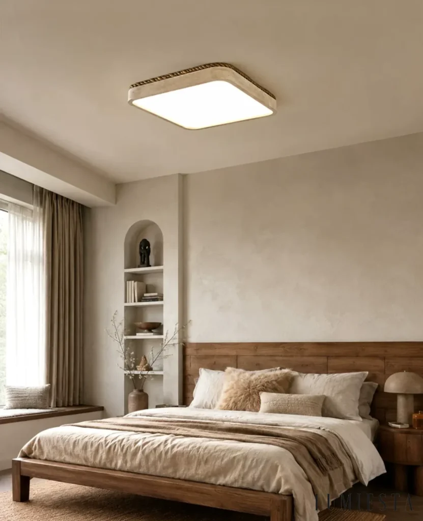 Ferentino - travertine ceiling light, height 7 cm, with jute cord - side view