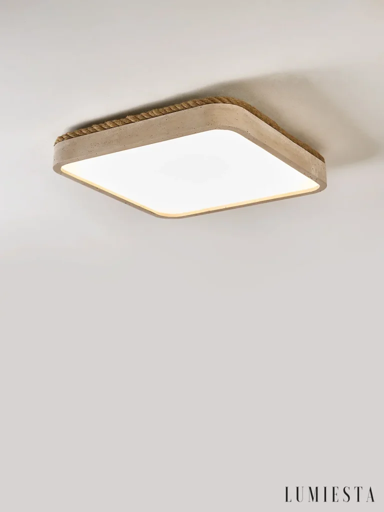 Ferentino - travertine ceiling light, height 7 cm, with jute cord - full view of the whole lamp