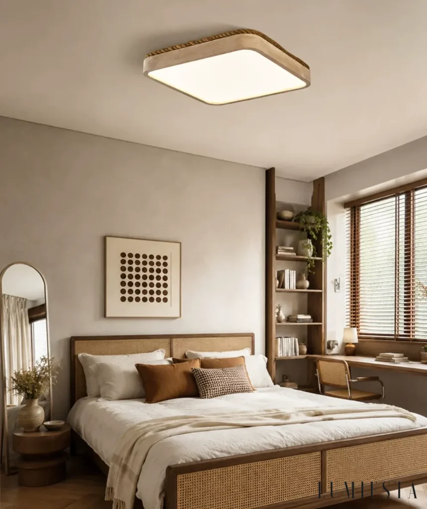 Ferentino - travertine ceiling light, height 7 cm, with jute cord - with the light on