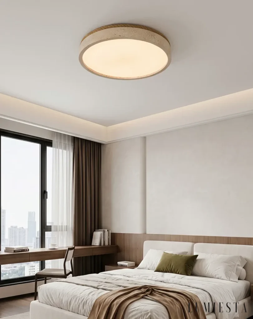 Sermoneta - travertine ceiling light, height 7 cm, with warm LED - full view of the unit