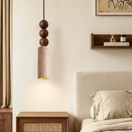 Ninfa - travertine pendant lamp with wood, multi-light - material detail - travertine