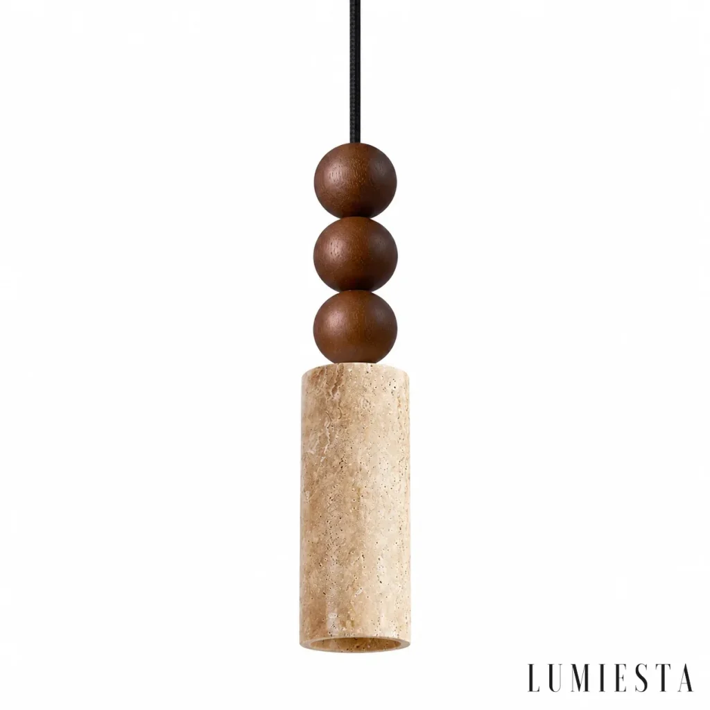 Ninfa - multi-point travertine and wood pendant lamp - full view